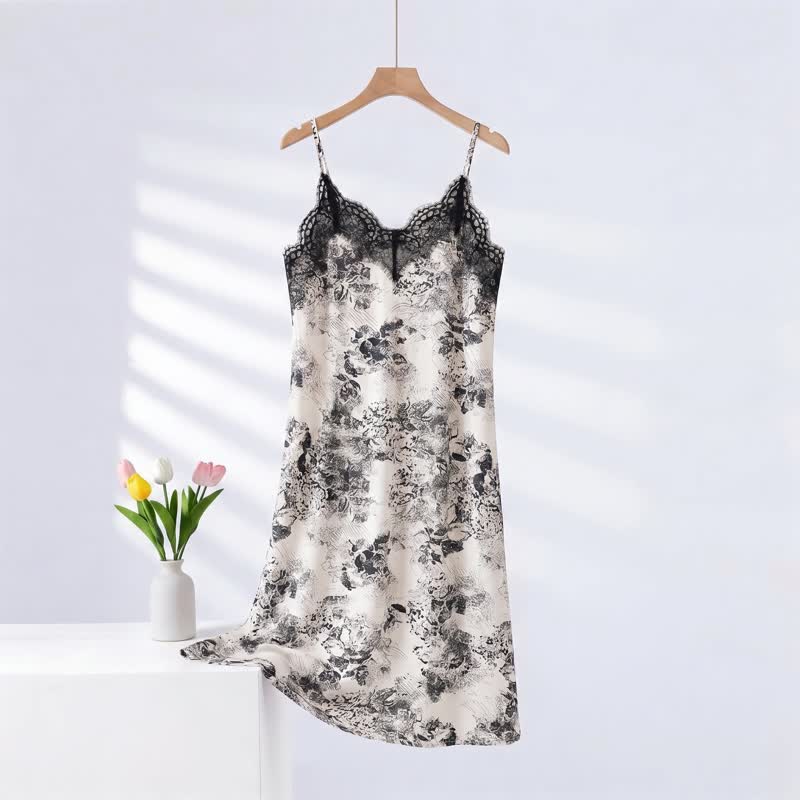Robe d'intérieur pour femme à motif floral et dentelle - Blanc - XXXL - image 0