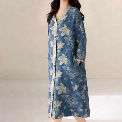 Chemise de nuit en gaze de coton à motif de feuilles bleues - image 5