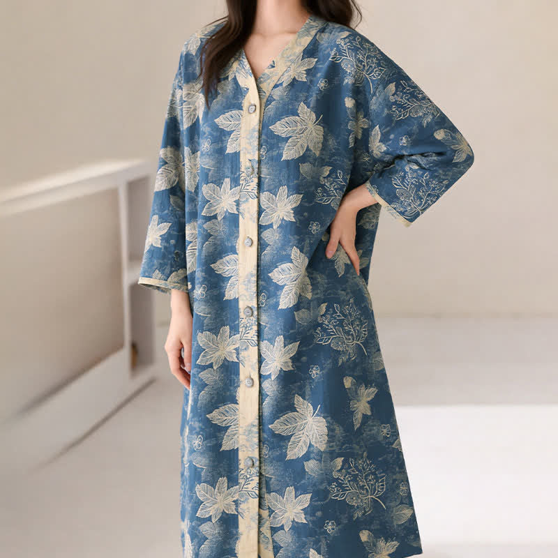 Chemise de nuit en gaze de coton à motif de feuilles bleues - image 2