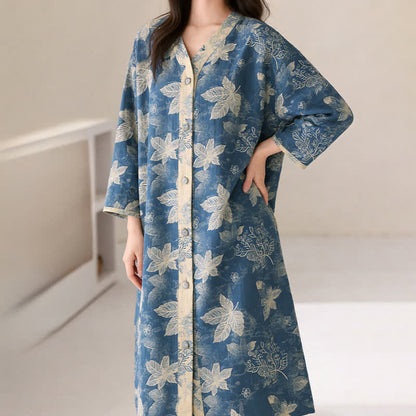 Chemise de nuit en gaze de coton à motif de feuilles bleues - image 2
