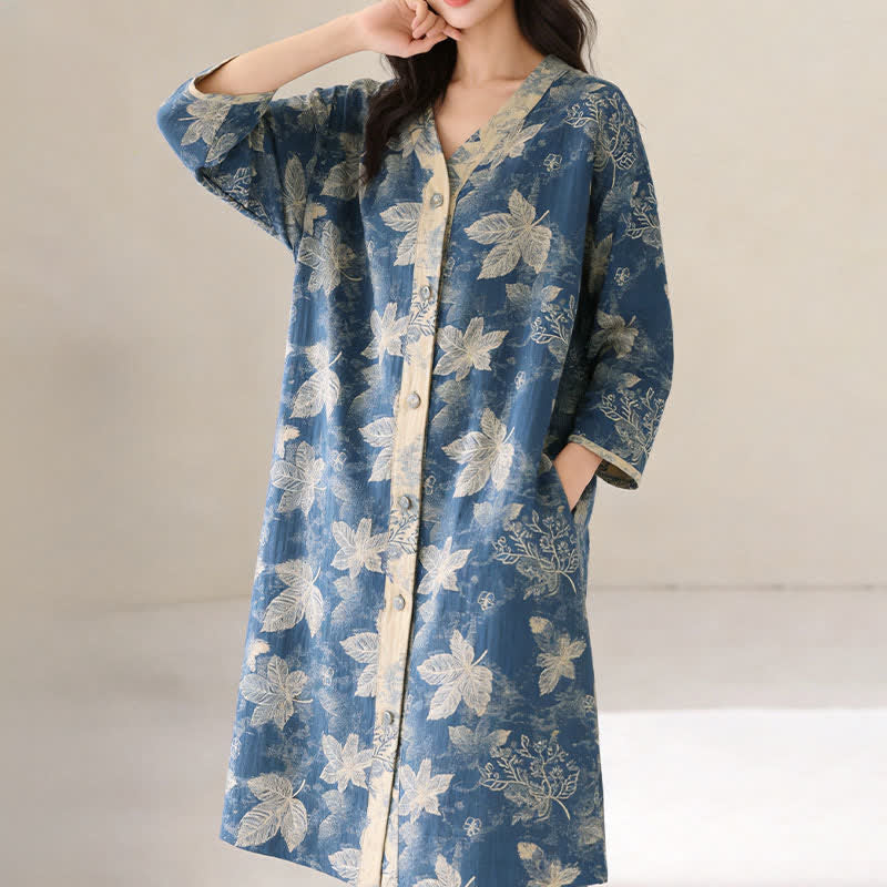 Chemise de nuit en gaze de coton à motif de feuilles bleues - image 1
