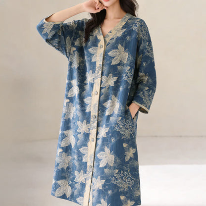 Chemise de nuit en gaze de coton à motif de feuilles bleues - image 1