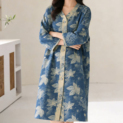 Chemise de nuit en gaze de coton à motif de feuilles bleues - image 4