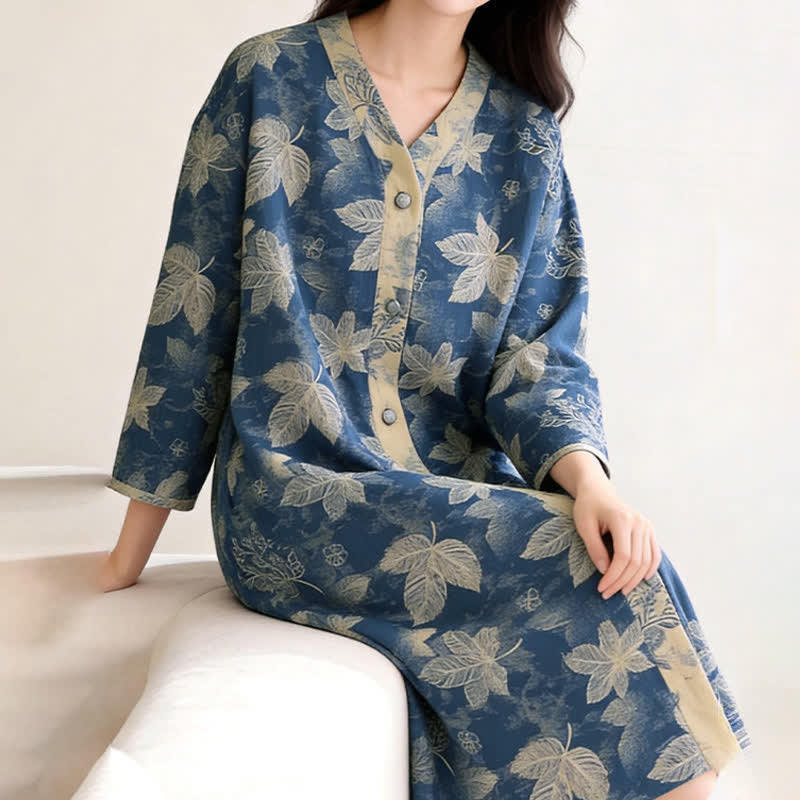 Chemise de nuit en gaze de coton à motif de feuilles bleues - image 3