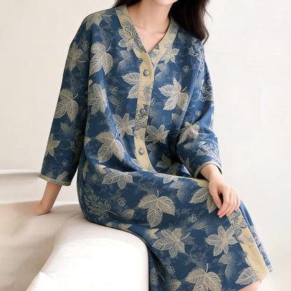Chemise de nuit en gaze de coton à motif de feuilles bleues - image 3