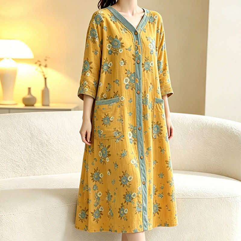 Robe d'intérieur jaune en coton à motif floral - image 3