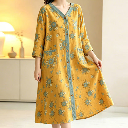 Robe d'intérieur jaune en coton à motif floral - image 2