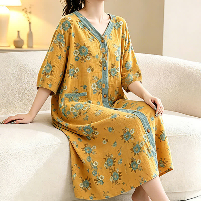 Robe d'intérieur jaune en coton à motif floral - image 1