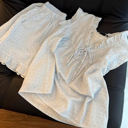 Pyjama sans manches pour femme à pois français et à volants - image 6