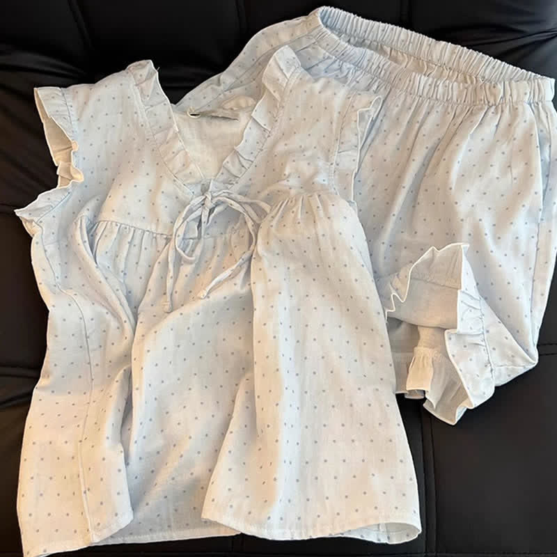 Pyjama sans manches pour femme à pois français et à volants - image 3