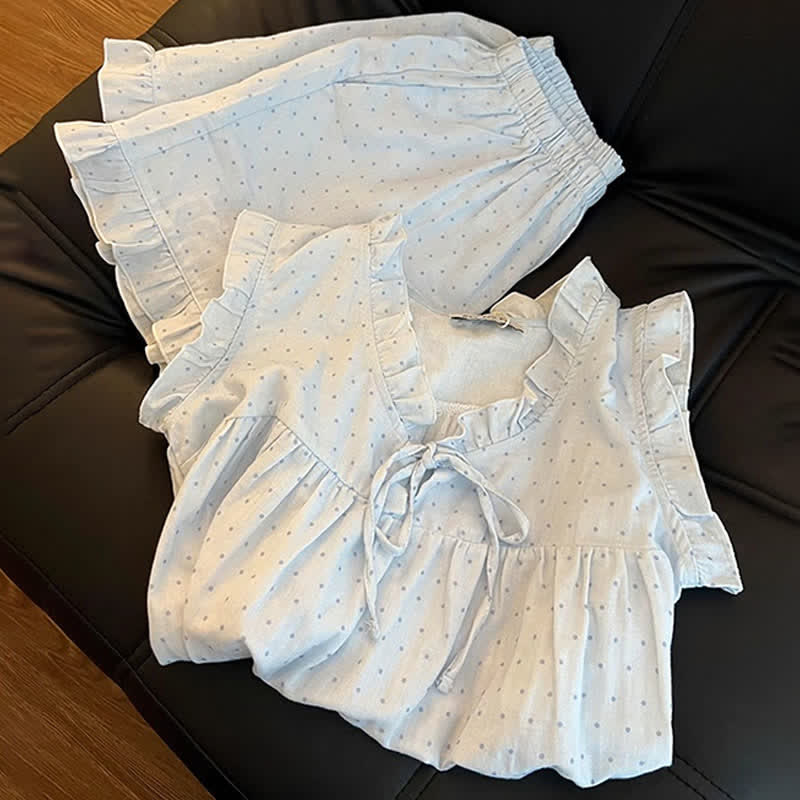 Pyjama sans manches pour femme à pois français et à volants - image 5