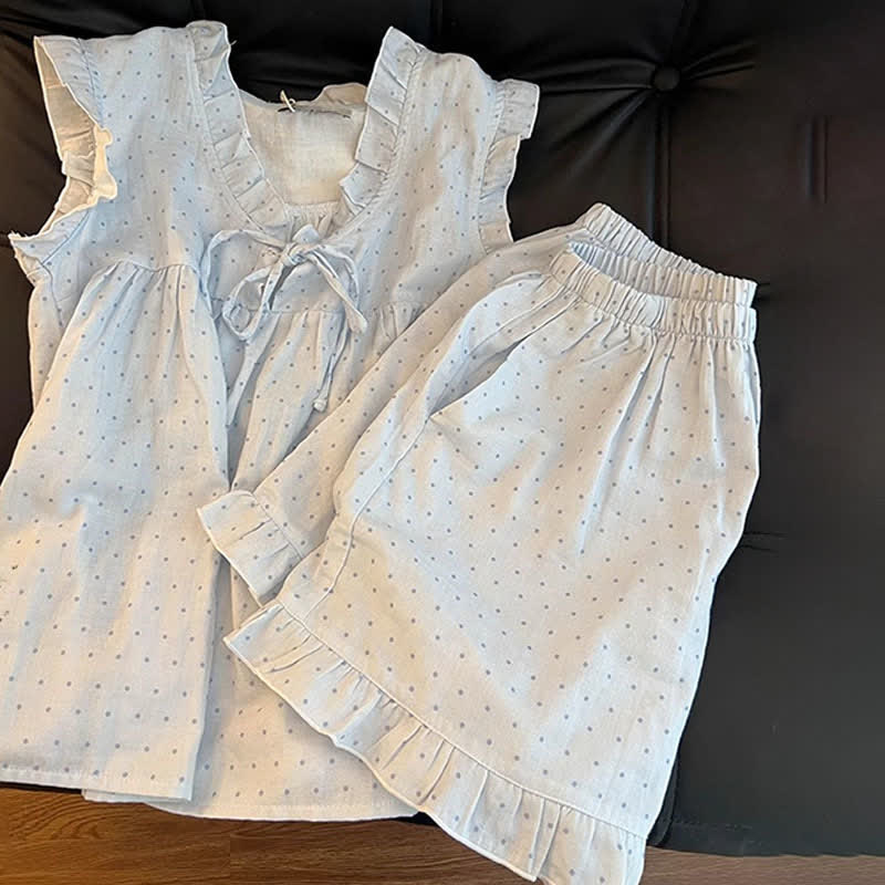 Pyjama sans manches pour femme à pois français et à volants - image 4