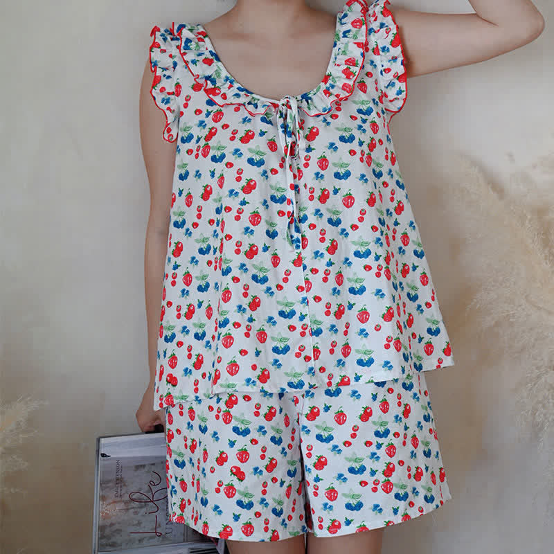 Pyjama pour femme en gaze de coton à volants et motifs de fruits - image 5
