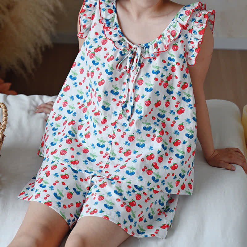Pyjama pour femme en gaze de coton à volants et motifs de fruits - image 6