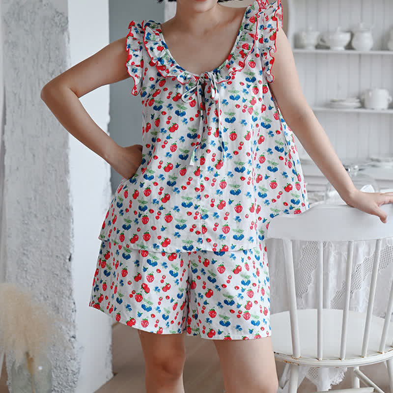 Pyjama pour femme en gaze de coton à volants et motifs de fruits - image 4