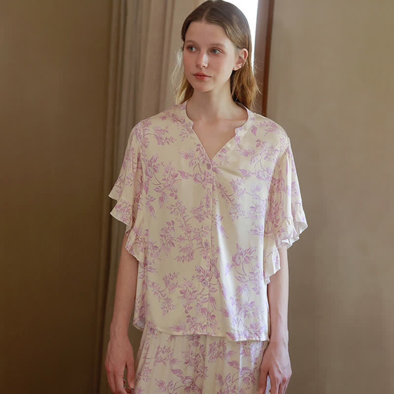 Ensemble de vêtements d'intérieur à motif floral lavande et manches à volants - image 6