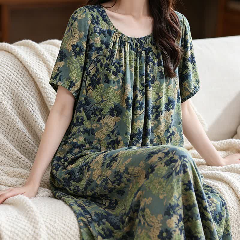 Robe d'intérieur verte à motif floral et col froncé - image 3