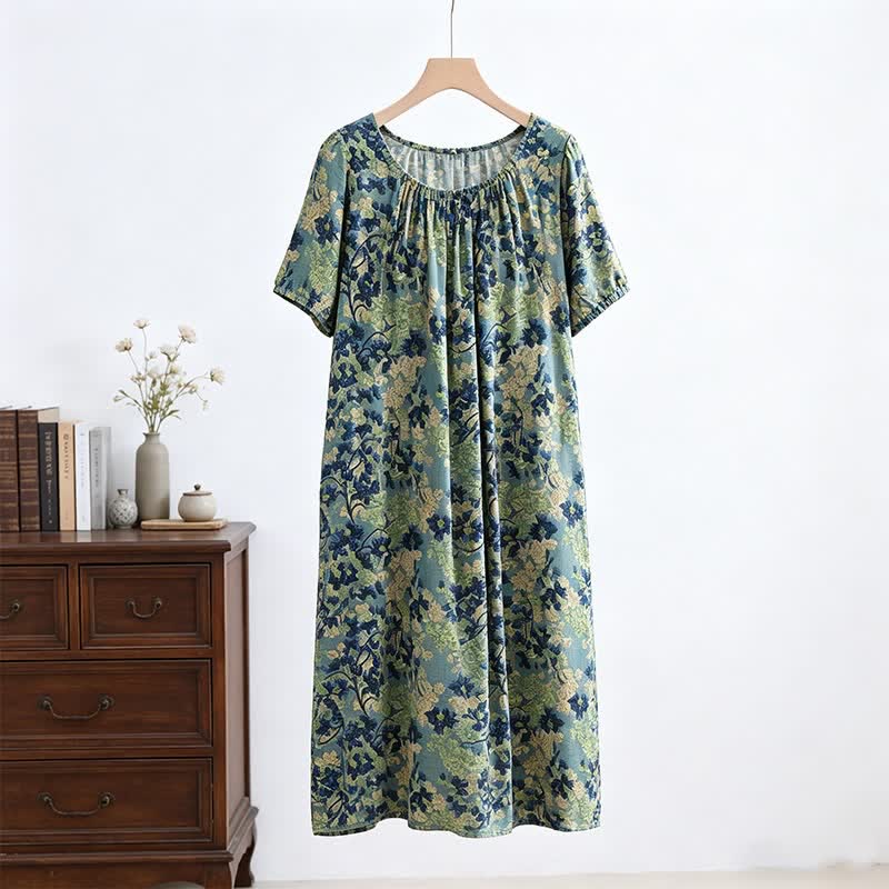 Robe d'intérieur verte à motif floral et col froncé - image 1