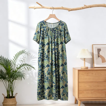 Robe d'intérieur verte à motif floral et col froncé - Vert - 4XL - image 0
