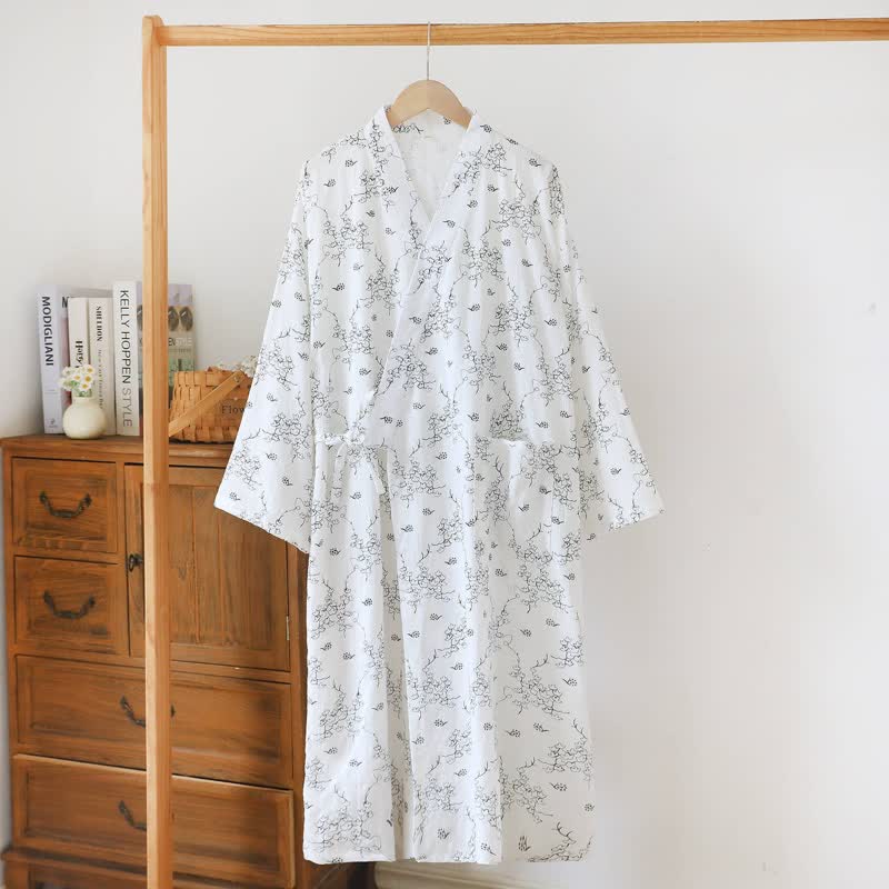 Peignoir kimono unisexe en coton à motif floral - Blanc - XL - image 3
