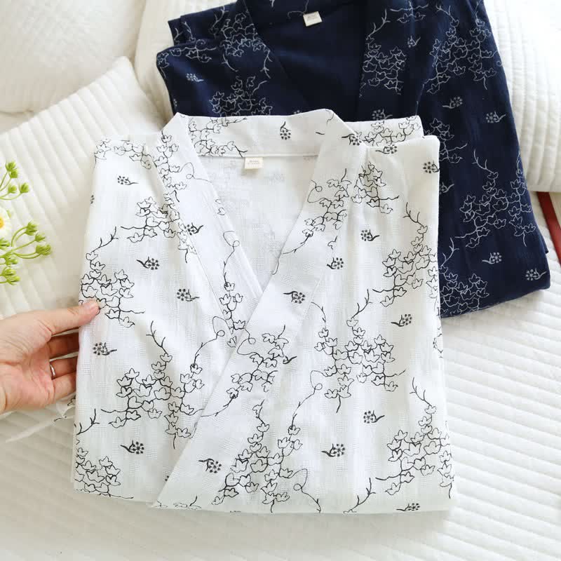 Peignoir kimono unisexe en coton à motif floral - image 1