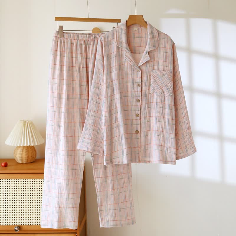 Pyjamas en coton colorés, à rayures et à carreaux - Femme : Rose clair - 2XL - image 16