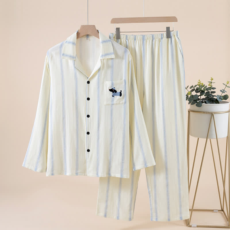 Ensemble pyjama rayé en coton pour partenaire - Beige - Masculin - 2XL - image 2