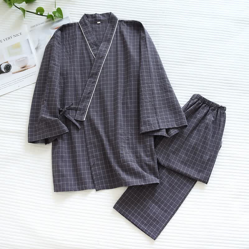 Pyjamas assortis en coton, style kimono, pour couples - Gris foncé - Masculin - XL - image 8