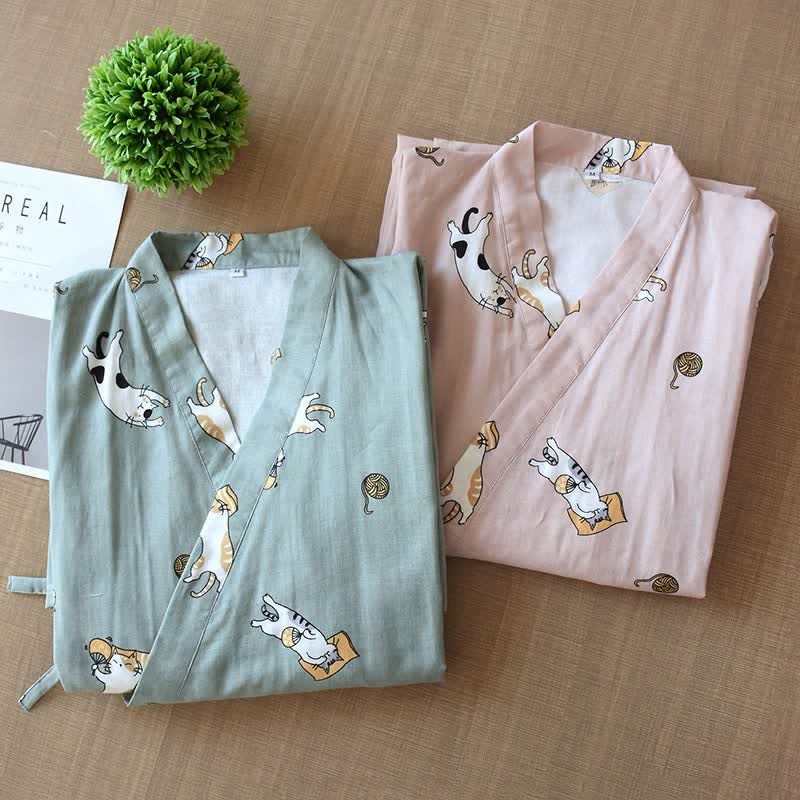 Kimono assorti en coton à motif chat - image 1