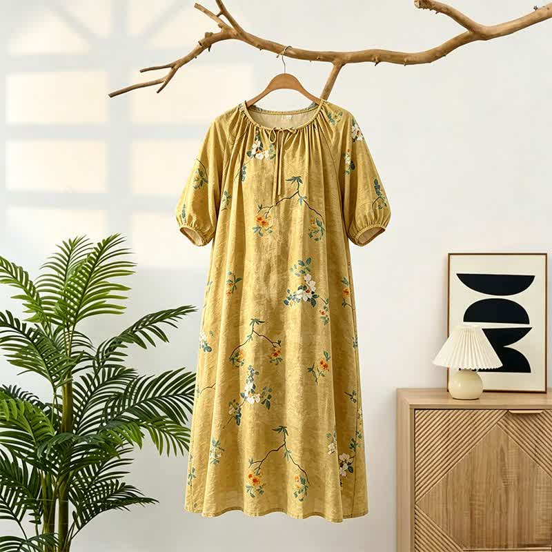 Robe d'intérieur vintage à motifs floraux et de branches - Jaune - L - image 0