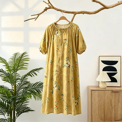Robe d'intérieur vintage à motifs floraux et de branches - Jaune - L - image 0