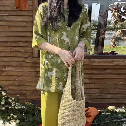 Ensemble de vêtements d'intérieur à imprimé chevaux de style oriental - image 5