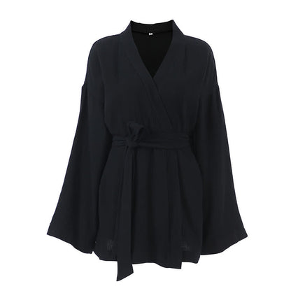 kimono en coton noir, robe de chambre courte - image 4