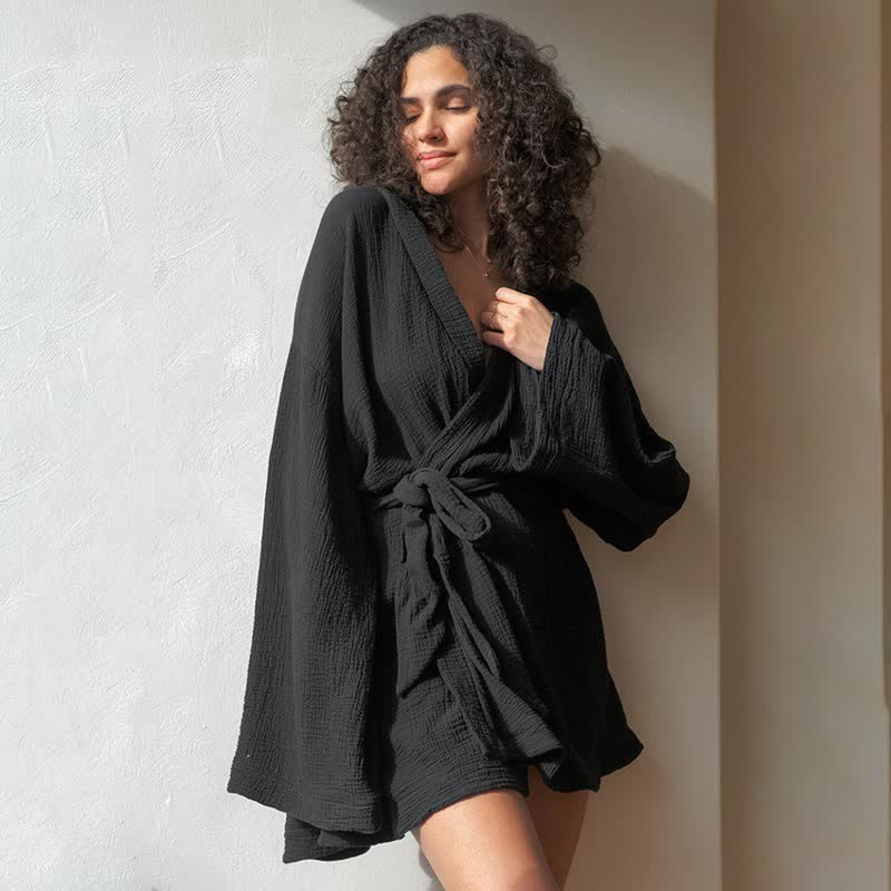 kimono en coton noir, robe de chambre courte - image 1