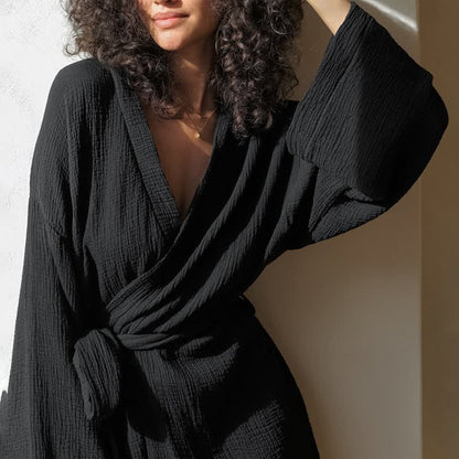 kimono en coton noir, robe de chambre courte - image 2