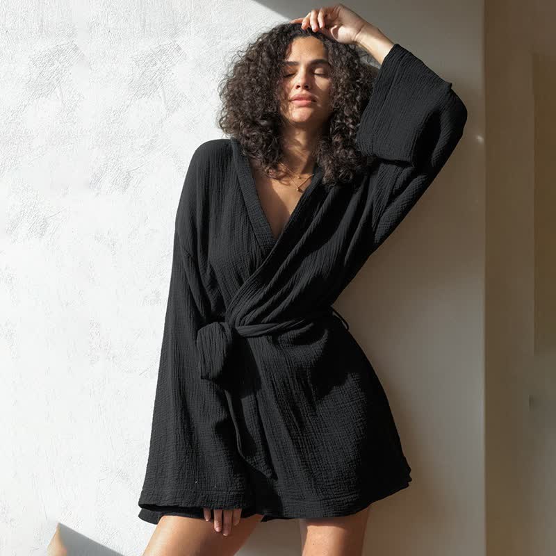 kimono en coton noir, robe de chambre courte - Noir - L - image 0