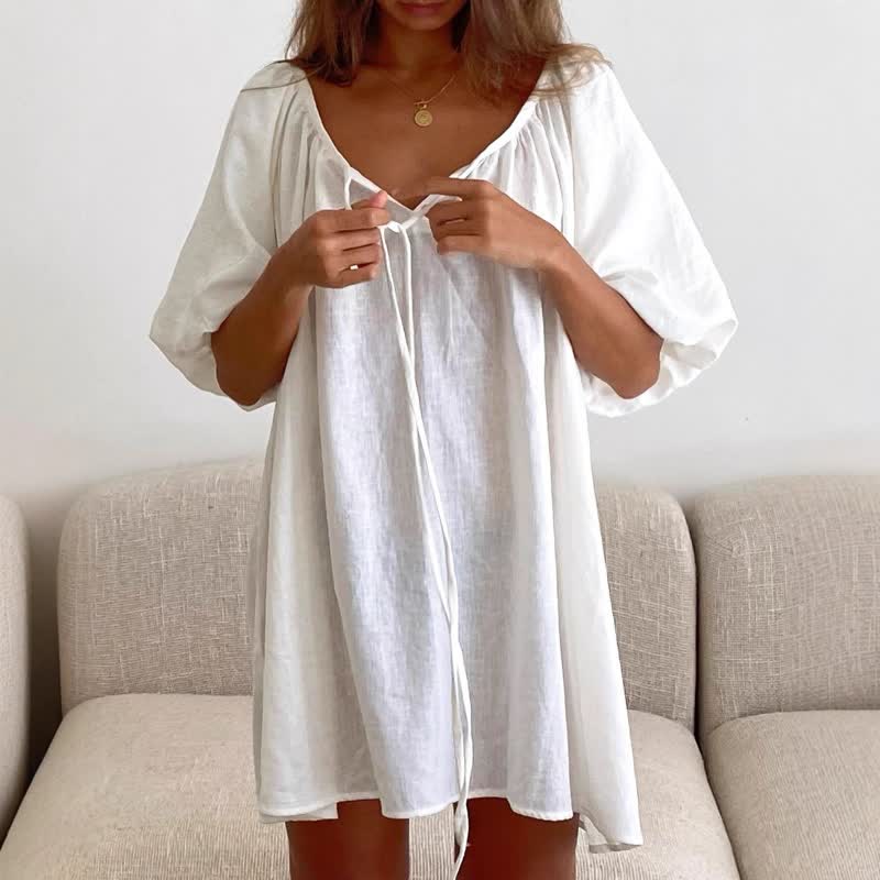 Robe d'intérieur blanche en coton avec col à nouer - Blanc - L - image 0