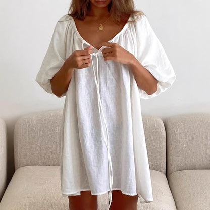 Robe d'intérieur blanche en coton avec col à nouer - Blanc - L - image 0