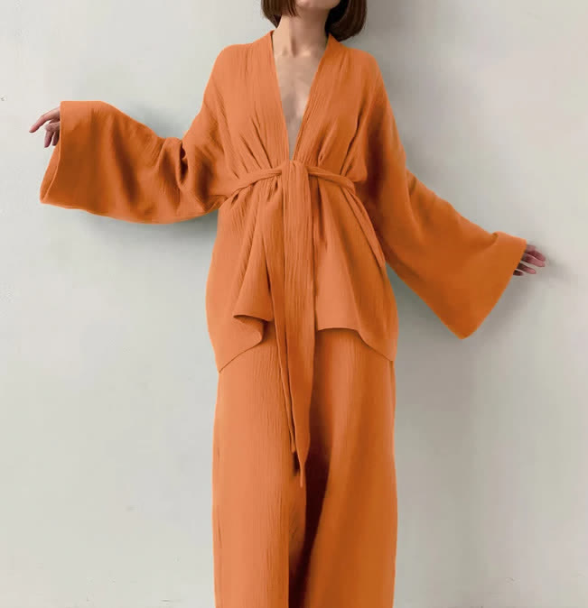 Pyjama kimono en gaze de coton unie - Orange - XL - image 7