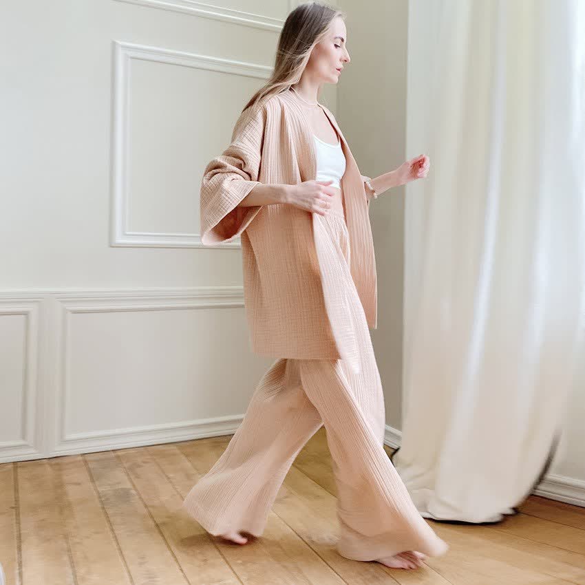 Pyjama kimono en gaze de coton unie - Vin pétillant - XL - image 8