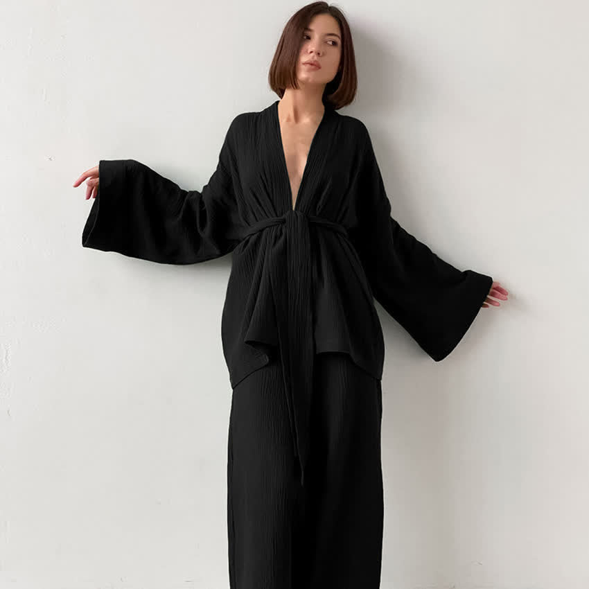 Pyjama kimono en gaze de coton unie - Noir - XL - image 5