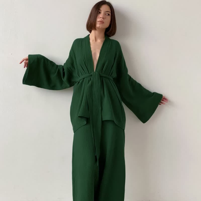 Pyjama kimono en gaze de coton unie - Vert olive - XL - image 9