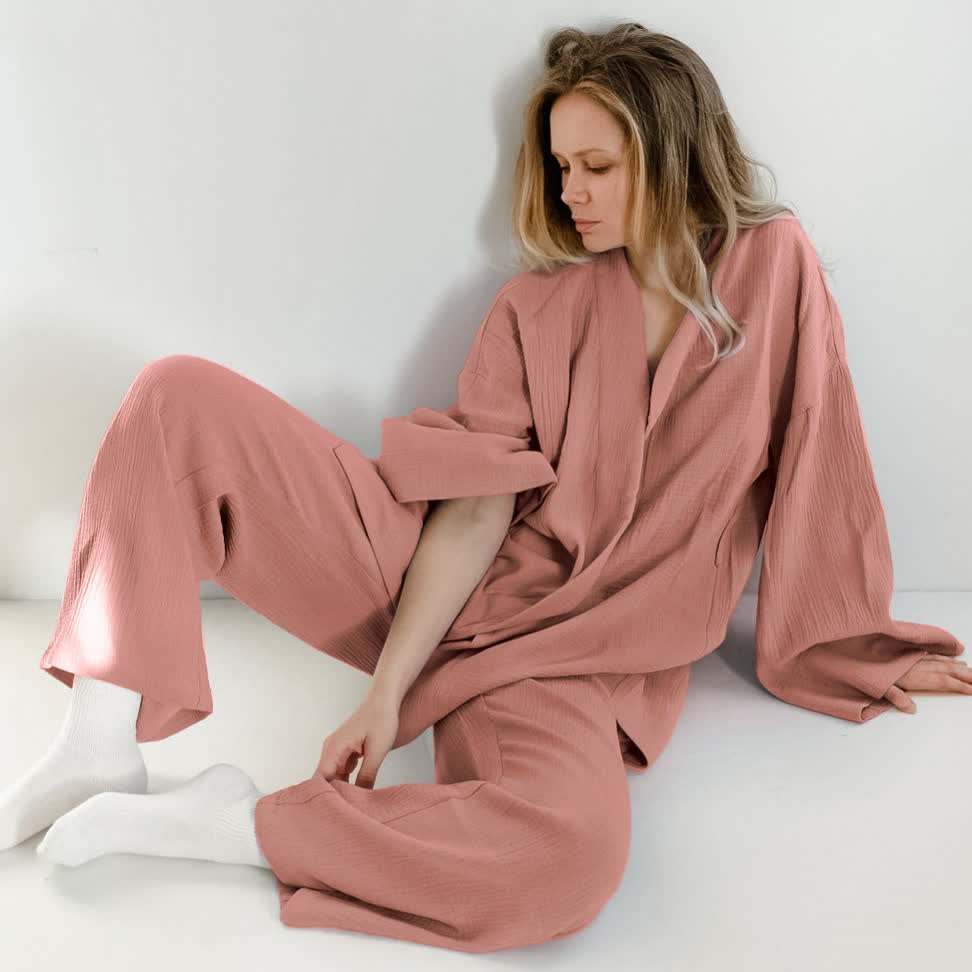 Pyjama kimono en gaze de coton unie - Rose - XL - image 2