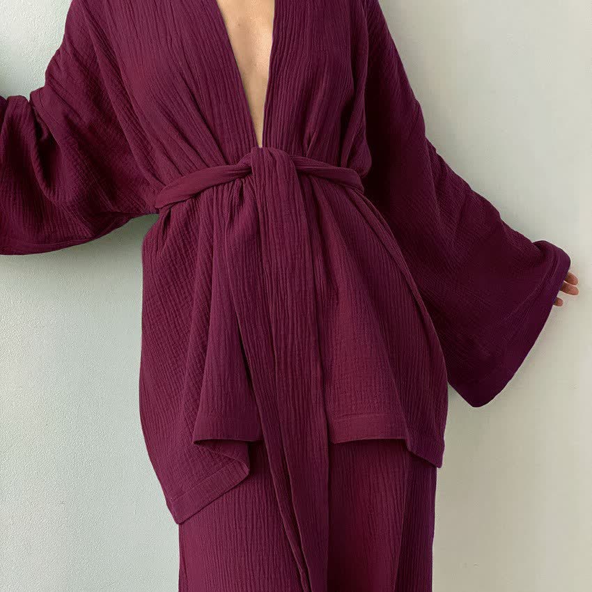Pyjama kimono en gaze de coton unie - Vin - XL - image 1