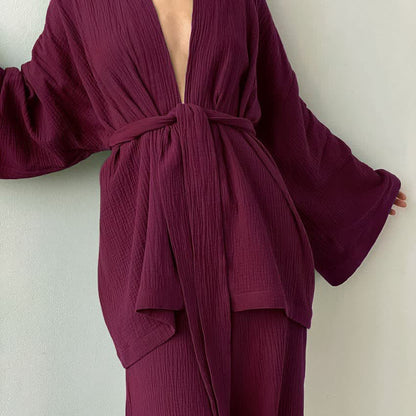 Pyjama kimono en gaze de coton unie - Vin - XL - image 1