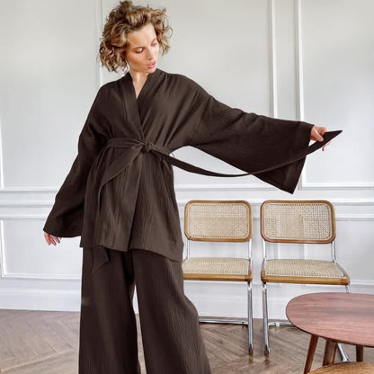 Pyjama kimono en gaze de coton unie - Brun - XL - image 17