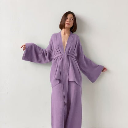 Pyjama kimono en gaze de coton unie - Violet - XL - image 4