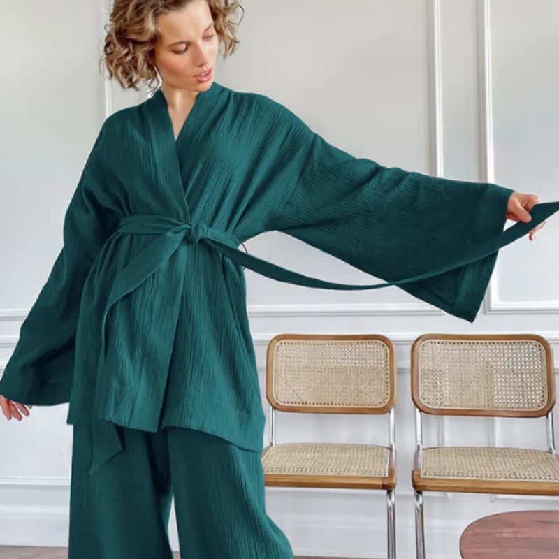 Pyjama kimono en gaze de coton unie - vert foncé - XL - image 6