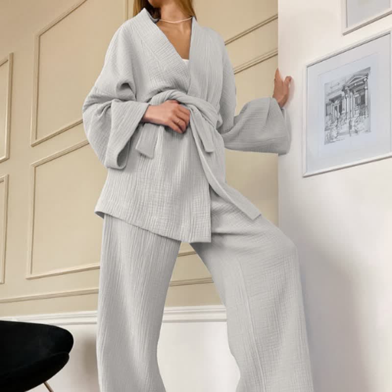 Pyjama kimono en gaze de coton unie - Gris - XL - image 0