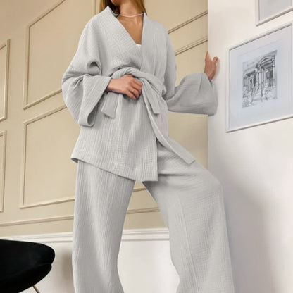 Pyjama kimono en gaze de coton unie - Gris - XL - image 0